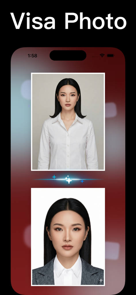 Passport Photo · ID Photo App - AI 기술을 통해 가상 정장을 입고 전문적인 신분증 사진으로 변환된 여성의 캐주얼 사진