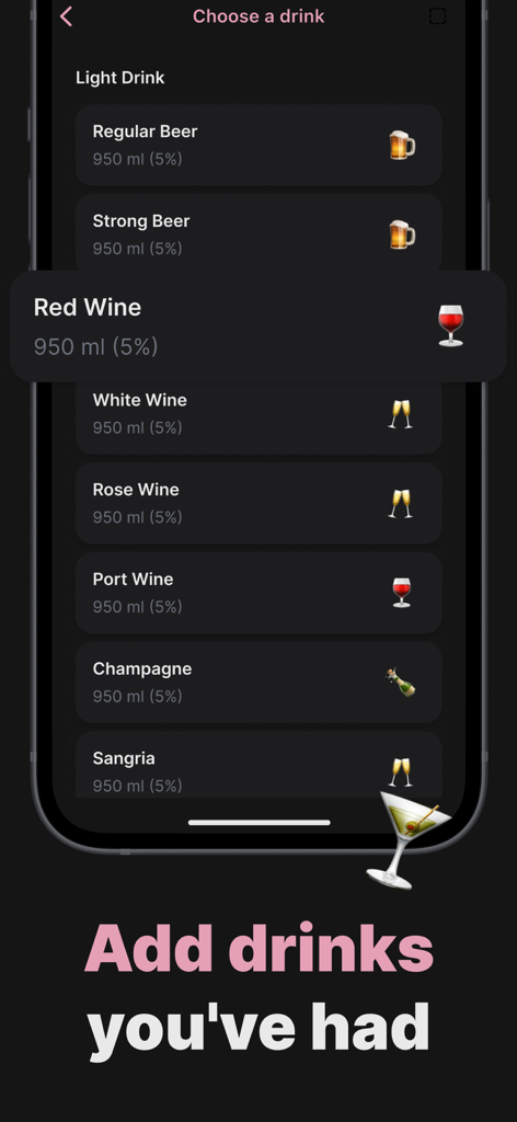 Benutzeroberfläche von Drink Tracker BAC Buddy zum Auswählen und Hinzufügen von alkoholischen Getränken