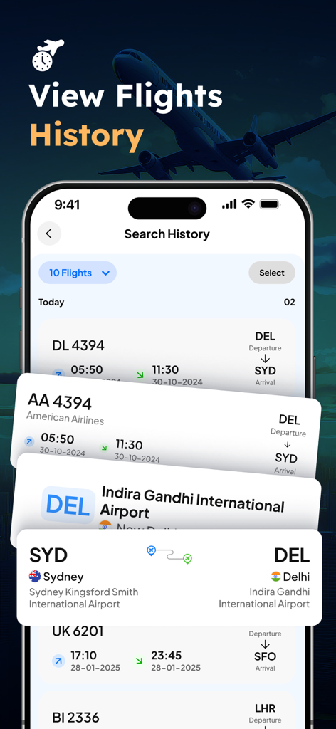 Flight Radar App Suchverlaufsoberfläche mit einer Liste vergangener Flüge und Flugplanddetails