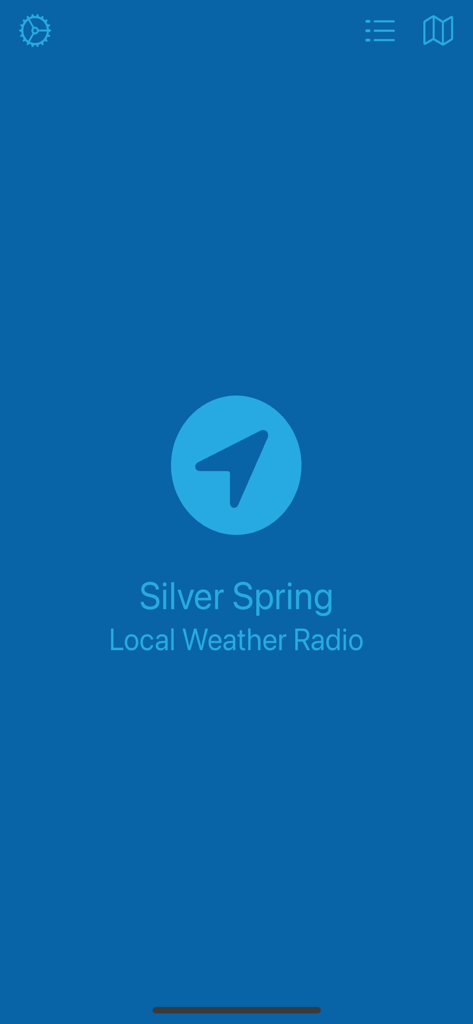 NOAA Local Weather Radio - The home screen of the NOAA Local Weather Radio app featuring a GPS location icon and the text Silver Spring Local Weather Radio on a blue background.