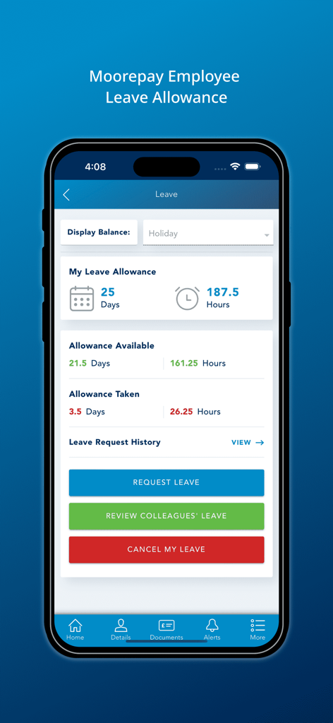 Tela do aplicativo Moorepay mostrando o saldo de licença do funcionário e opções para solicitar ou revisar licença