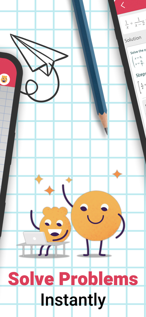 Symbolab app showing math solutions on a grid background with the text Solve Problems Instantly