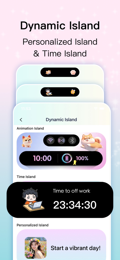 PixPaper-Wallpapers & Widgets - 애니메이션 및 카운트다운 타이머가 있는 개인화된 Dynamic Island 위젯을 보여주는 PixPaper 앱 인터페이스