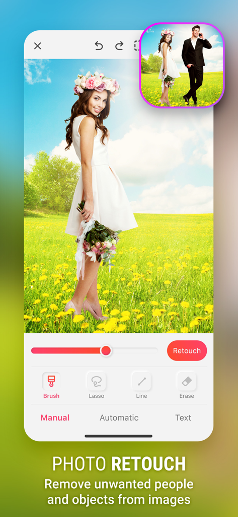 Mobile app interface showing the photo retouch feature being used to remove an unwanted person from a wedding picture in a field