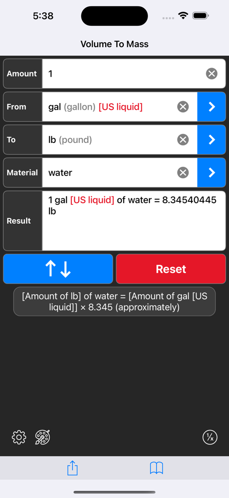 Screenshot of Convert Any Unit Lite app performing a volume to mass conversion from gallons to pounds