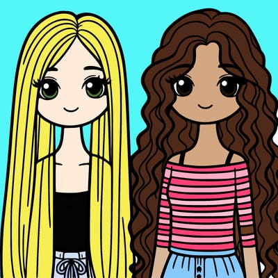 two girls with long straight hair and one with curls