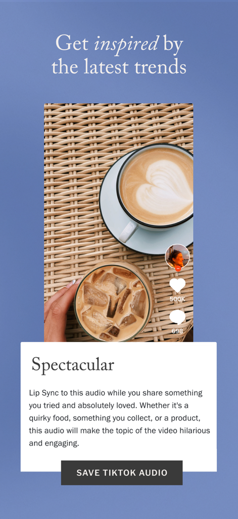 Planoly app interface showing trending social media content ideas and a button to save tiktok audio