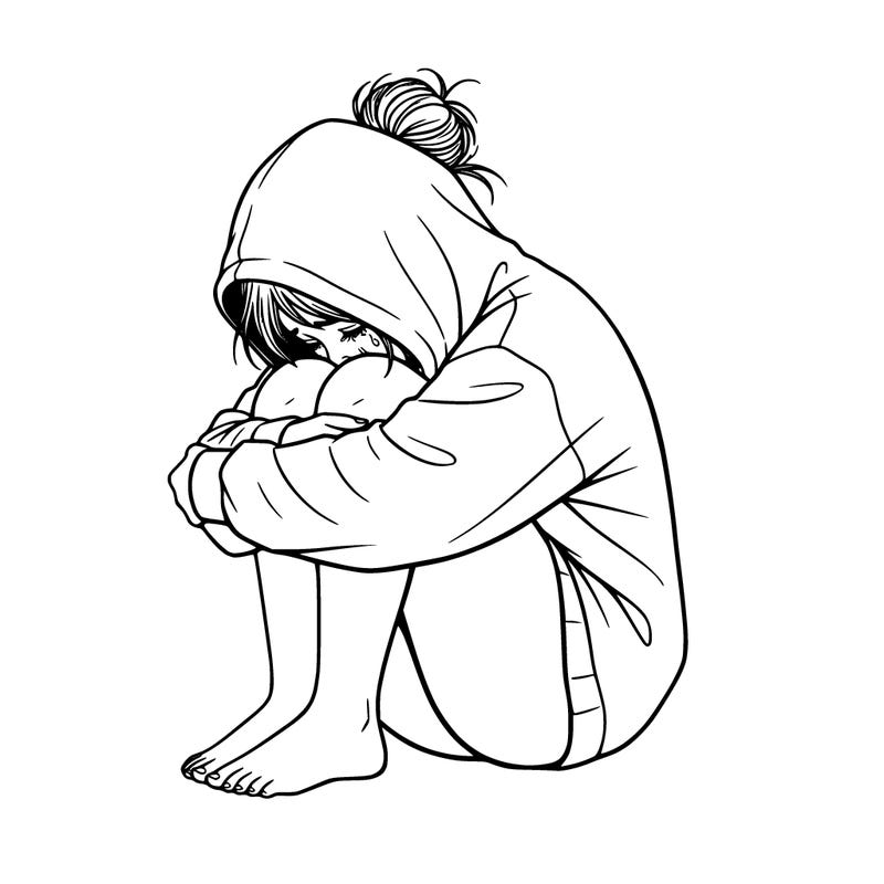 girl crying with hoodie over her hair and hair in bun
