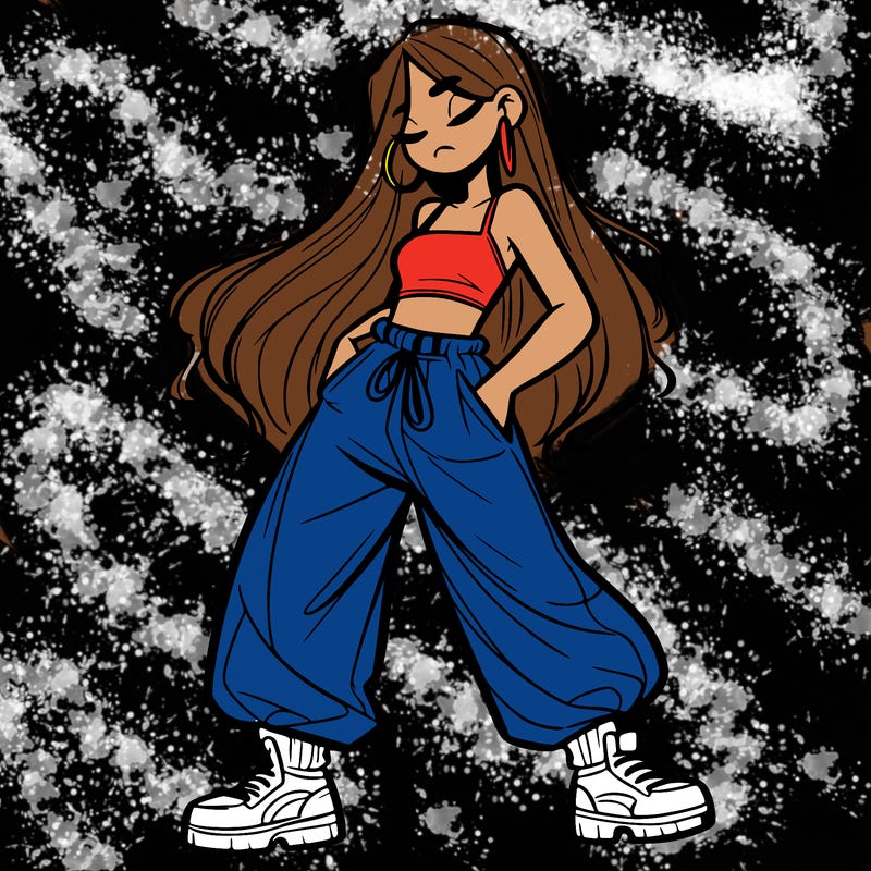 girl in baggy pants crop top and long hair