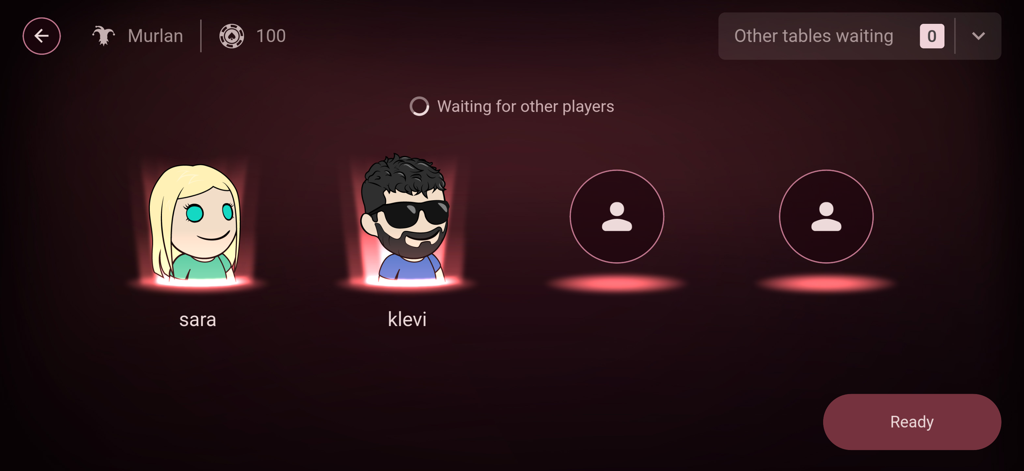 Waiting lobby for a Murlan card game session with player avatars