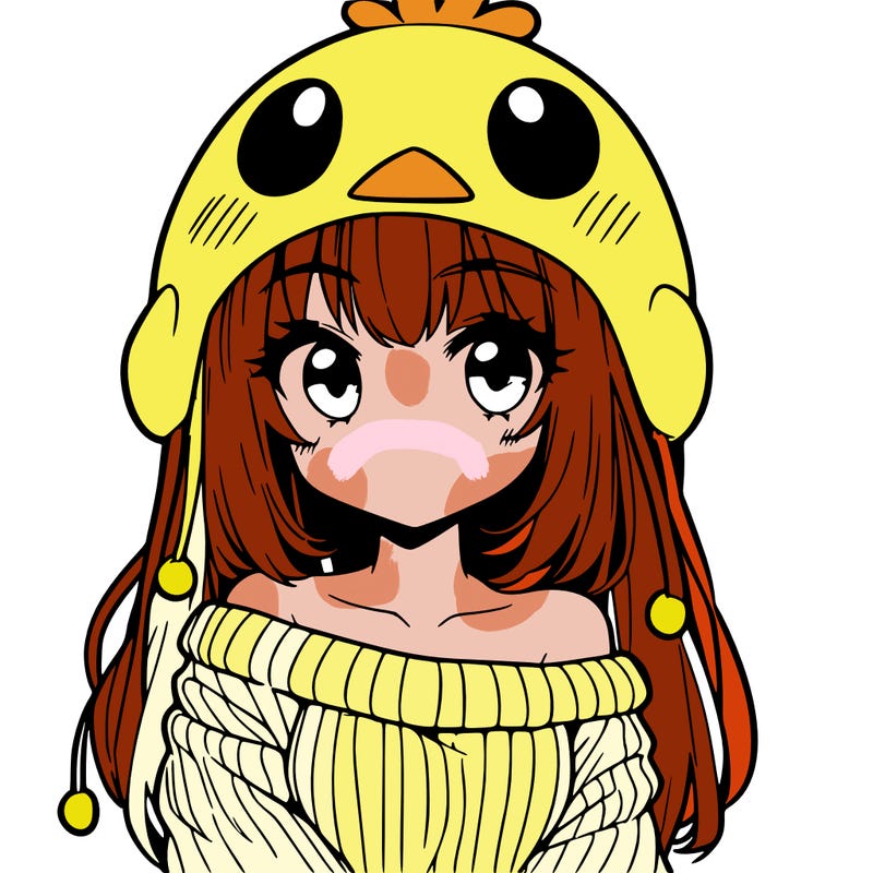 anime girl with chick shaped hat with sweater with bare shoulders with bangs covering them one eye with low tail