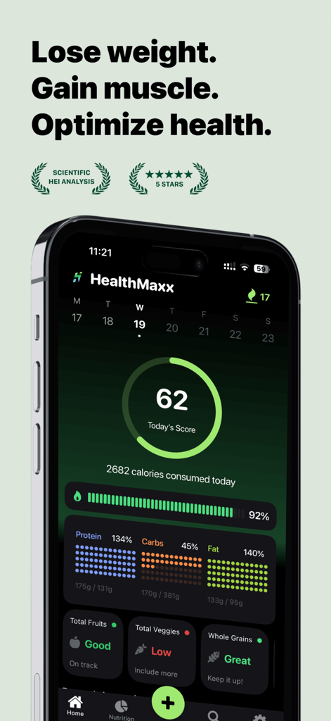 HealthMaxx: AI Calorie Tracker - Painel do aplicativo HealthMaxx mostrando a pontuação nutricional diária e o rastreamento de calorias