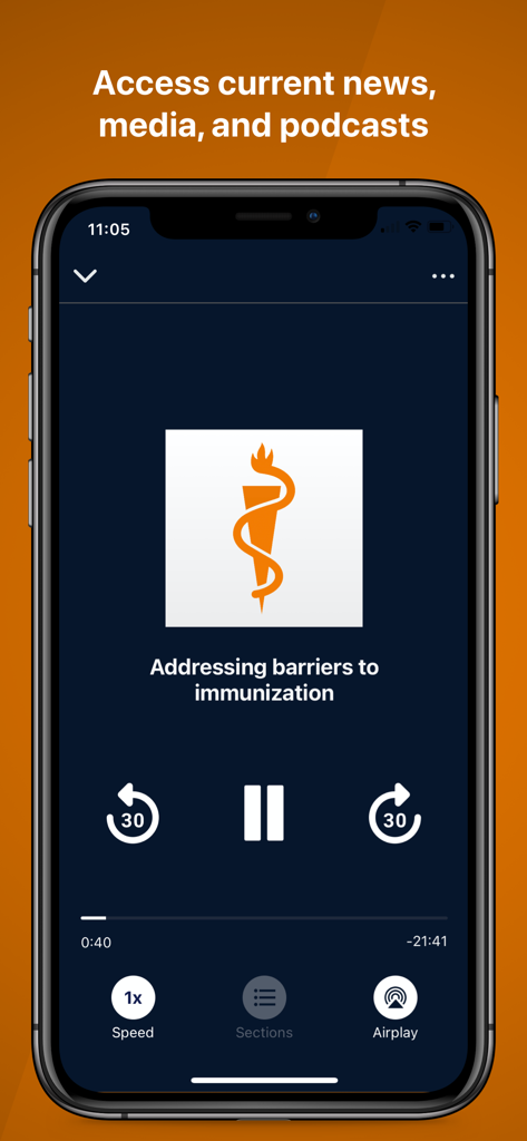 AAFP - AAFP mobile app podcast player interface showing a medical episode titled Addressing barriers to immunization.