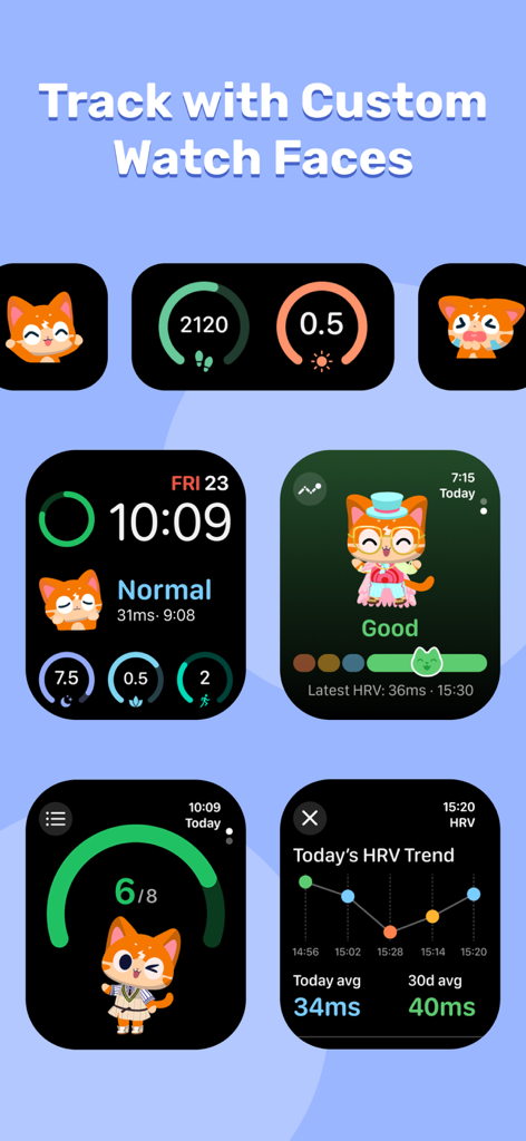 EaseMe:Self Care Pet Cat - Custom Apple Watch faces showing a cute cat character and health tracking data
