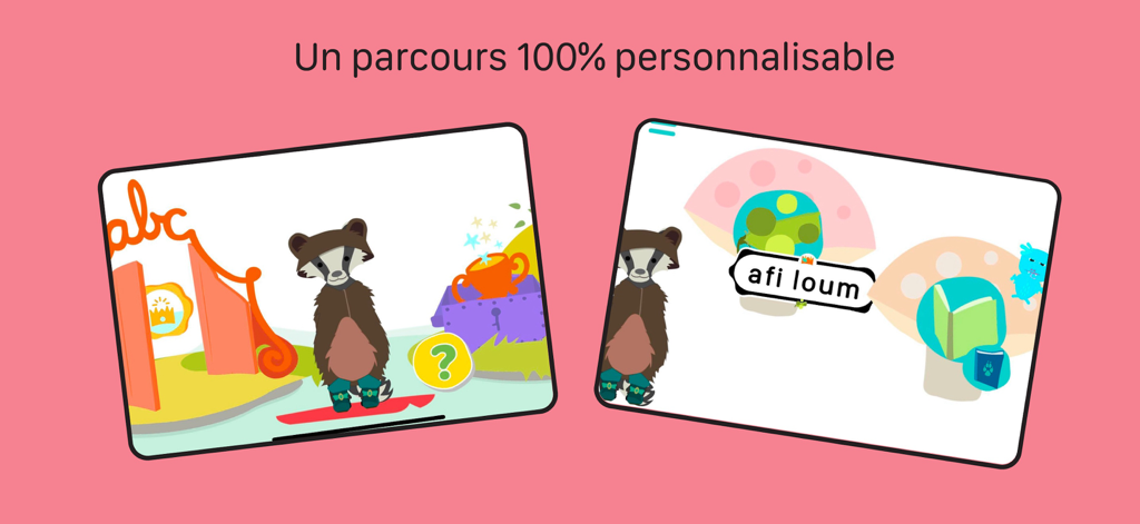 Corneille : reading in French - Corneille app interface showing a customizable French reading path for children with a badger character mascot