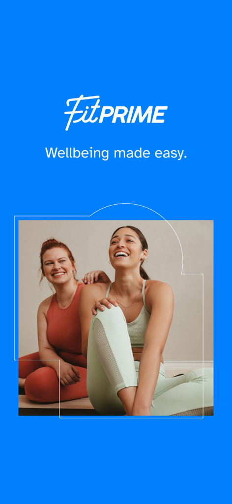 Fitprime corporate wellness app banner featuring two smiling women in athletic wear and the slogan wellbeing made easy