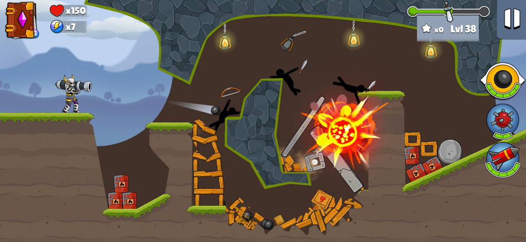 Boom Stick: Bazooka Puzzle - 크고 폭발적인 파괴가 일어나는 파괴 가능한 구조물을 향해 바주카를 발사하는 스틱맨 캐릭터