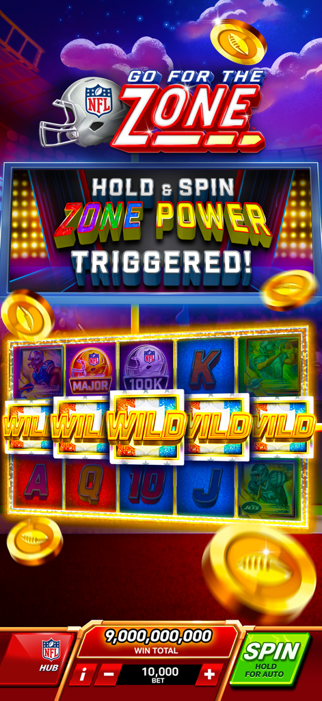 NFL Super Bowl Slots Casino - A screenshot of the NFL Super Bowl Slots game showing a triggered Zone Power bonus and a huge coin win