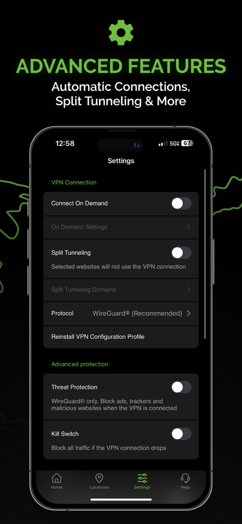 Tela de configurações do aplicativo VPN IPVanish com opções de tunelamento dividido e kill switch.