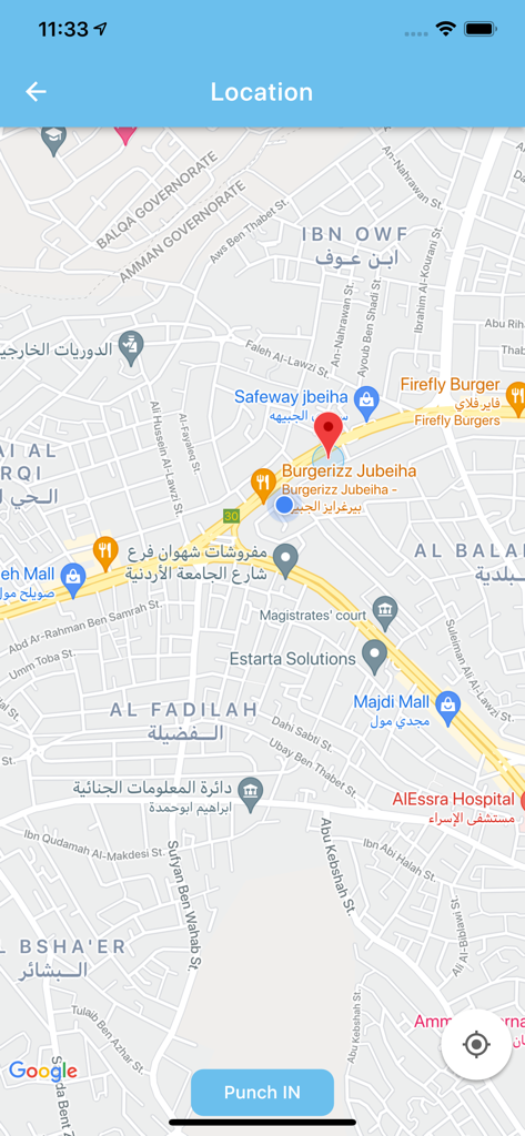LenvoHR - LenvoHR mobile app screen showing a map with a red pin and a blue button to punch in for work attendance.
