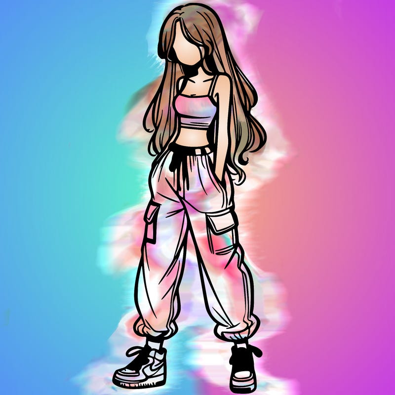 girl in baggy pants crop top and long hair
