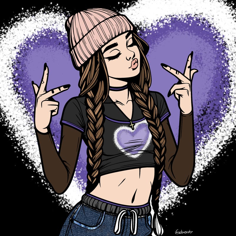 realistic teenage girl with braids and a beanie and crop top doing 🫶🏼