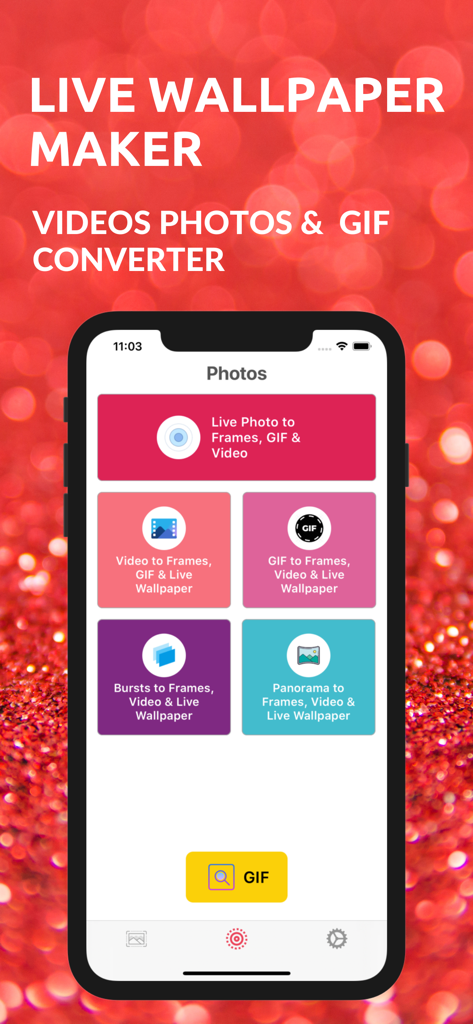 Gif Converter : Live Wallpaper - Mobile app interface showing conversion tools for Live Photos, videos, and GIFs on a red bokeh background.