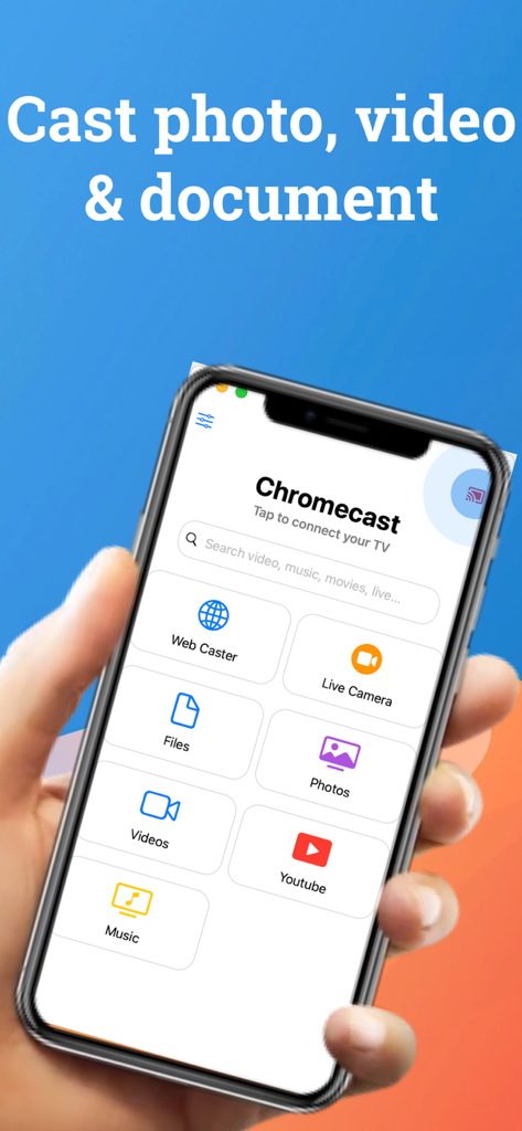 TV Cast for Smart TV - Pantalla de la aplicación TV Cast con opciones de transmisión de medios para smart TV