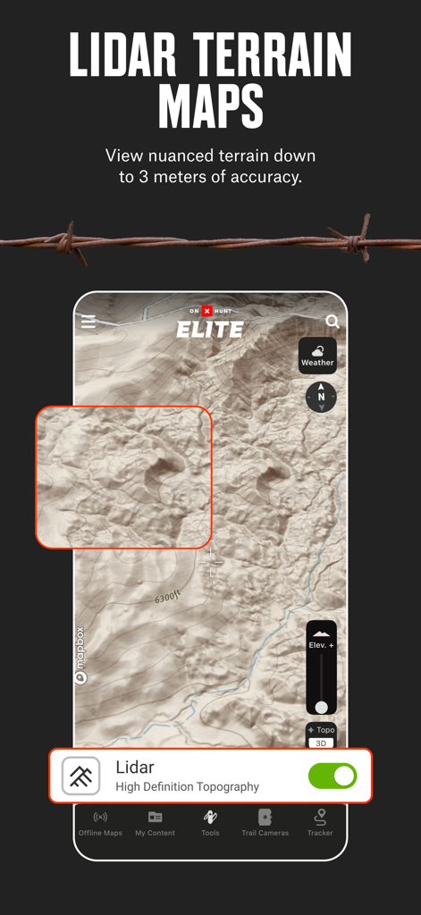 onX Hunt app interface showing high definition Lidar terrain maps for topographic scouting