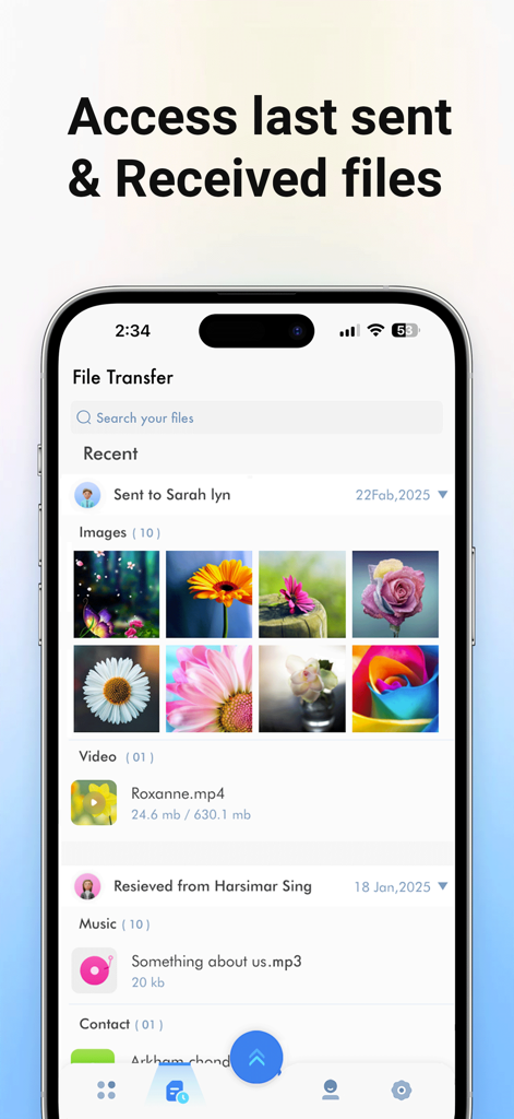 Mobile app screen showing a chronological history of sent and received photos videos and music files
