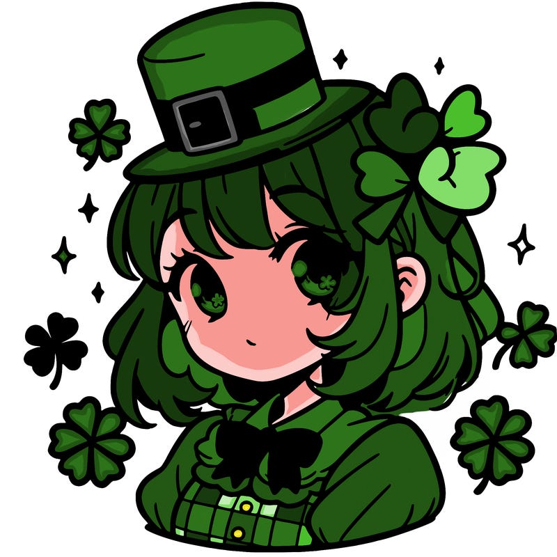 a manga-style girl with clovers around her, a little hat in her hair, like it's saint patrick's day
