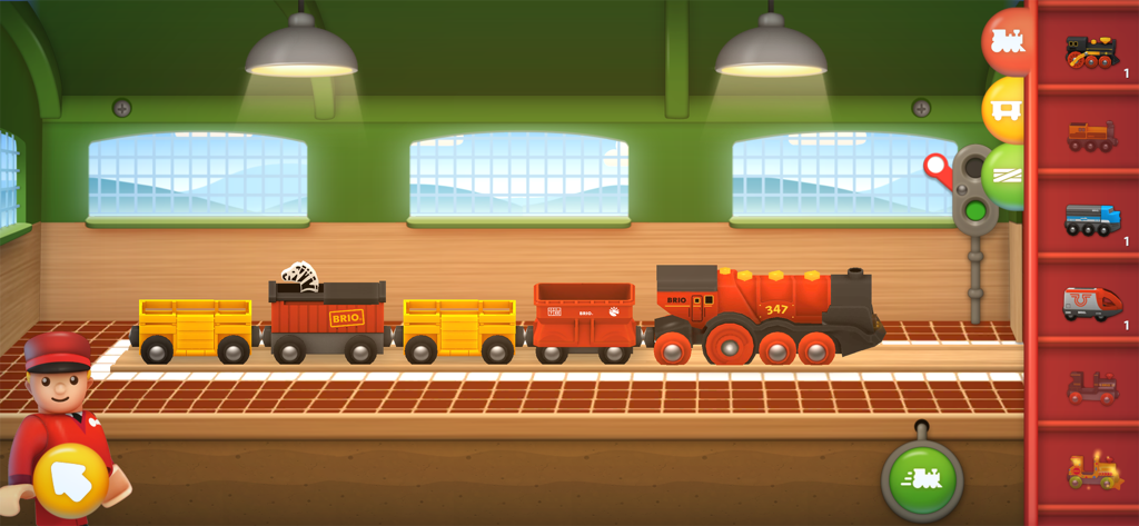 Digital train assembly interface in BRIO World Railway showing various engines and wagons