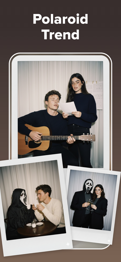 GoPhoto:AI Photo & Video Maker - A collection of AI generated photos featuring a vintage Polaroid trend filter and creative character masks