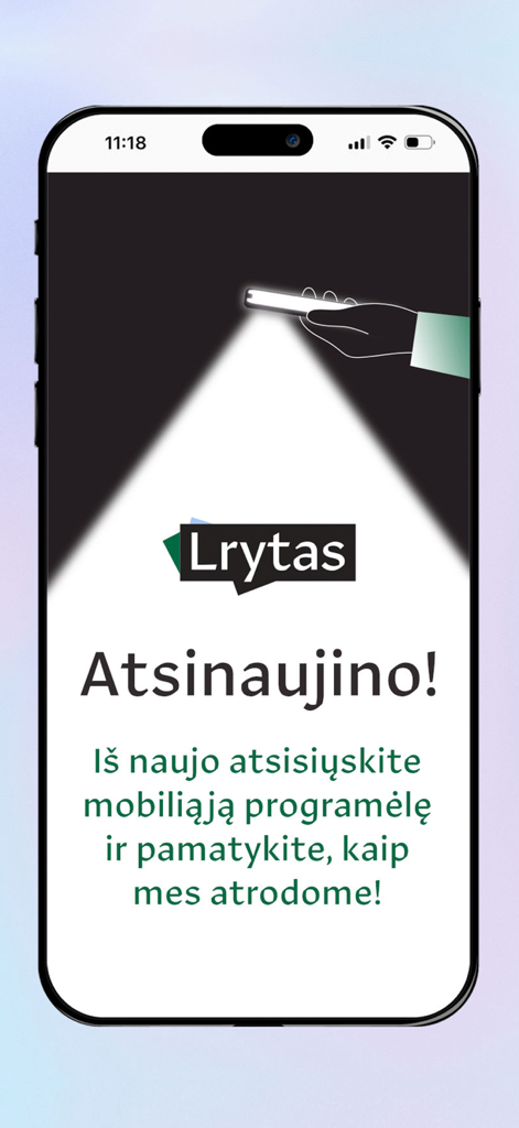 Lrytas.lt naujienos - Lrytas mobile app update announcement screen with a flashlight illustration