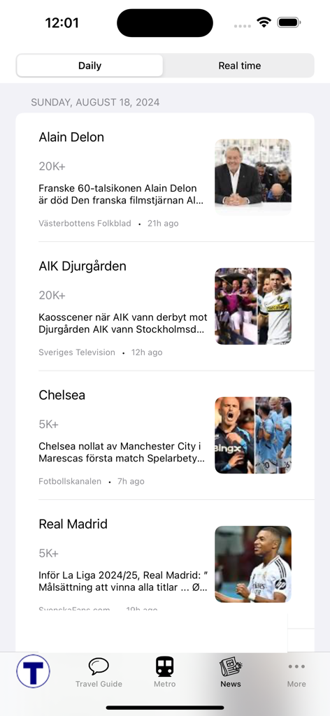 Stockholm Subway Map - News section within the Stockholm Subway Map app displaying current events and sports news in Sweden