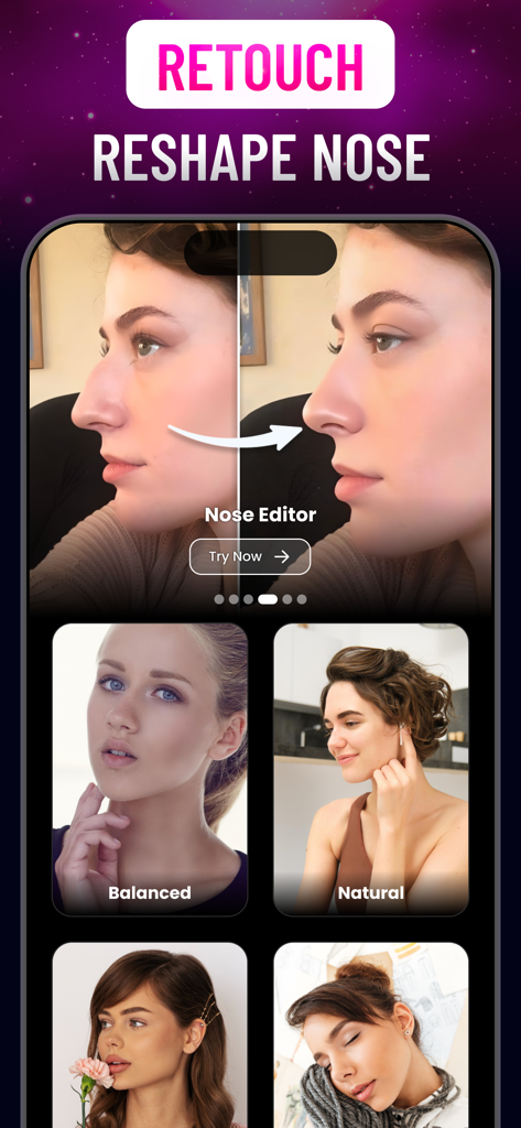 Nose Editor & Retouch: Nosefix - Before and after comparison of nose profile reshaping using the Nosefix app.