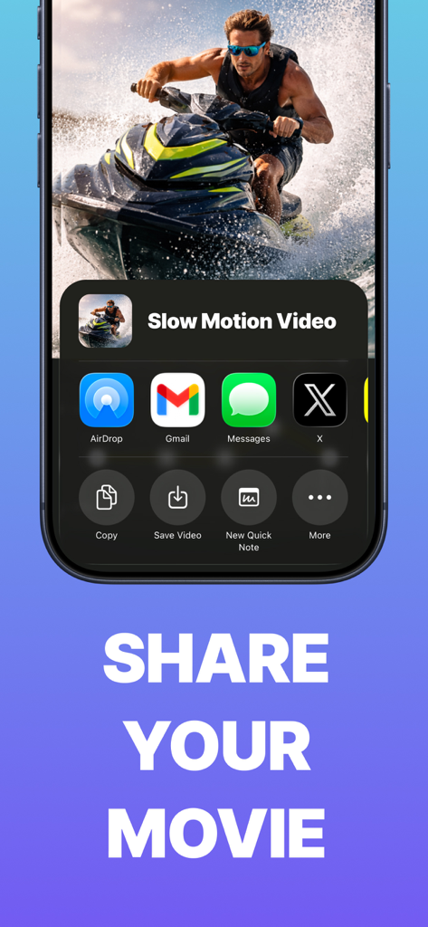 Slow Motion: Edit Video Speed - iOS share menu for a slow motion video showing various sharing options like AirDrop and Gmail