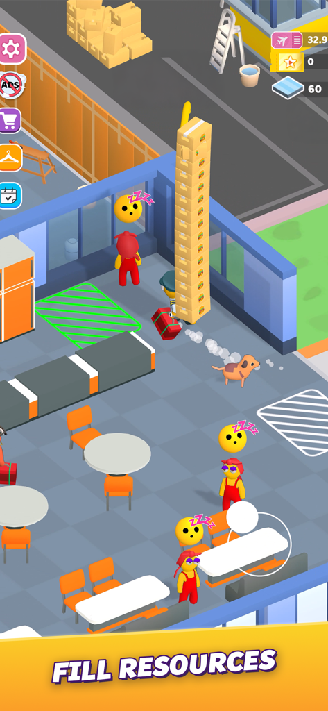 A game character carrying a tall stack of food boxes in an airport food court area with sleeping staff.