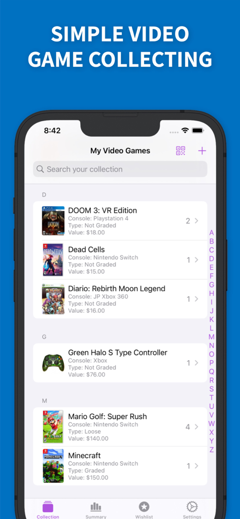 LuckyGame - Video Game Tracker - LuckyGame mobile app interface showing a catalog of video games with estimated market values