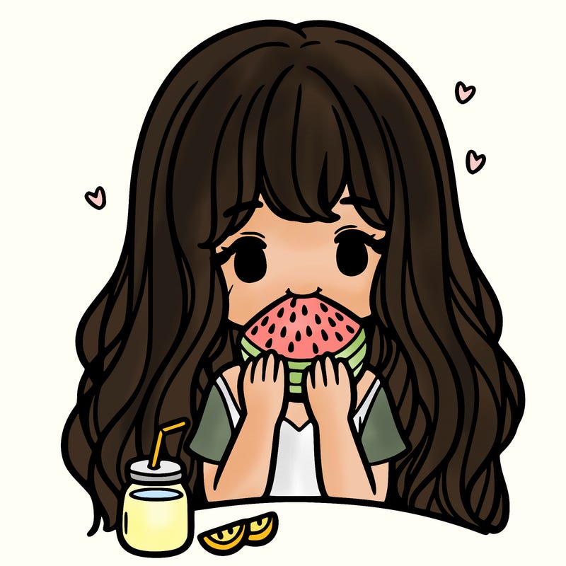 a long hair of girl is eating waterfruit