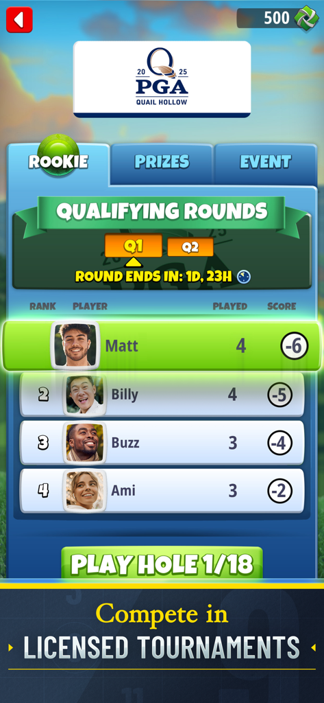 Leaderboard for a licensed PGA tournament in the Golf Clash app showing player rankings.