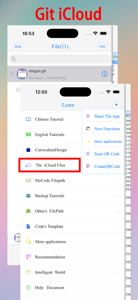 html+css+js-web designer,html5 - Mobile app interface showing Git and iCloud file management for web developers.