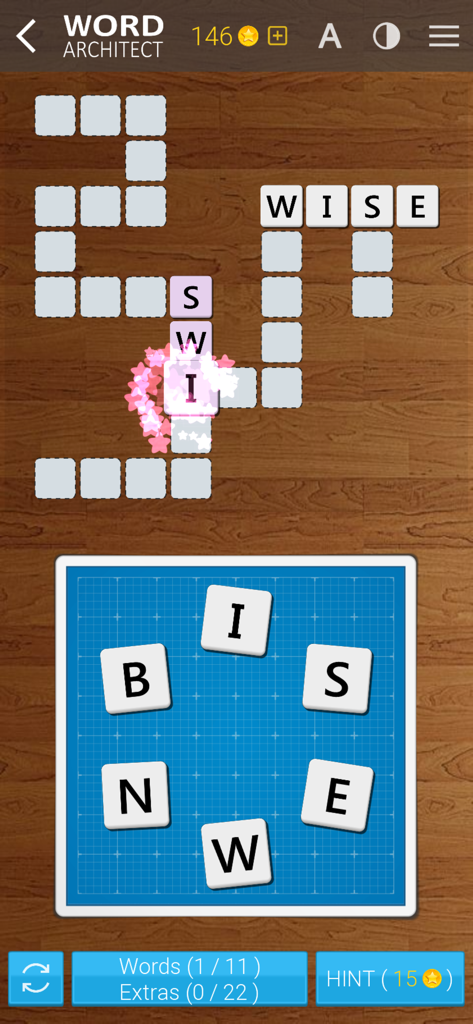 Word Architect - Word Architect 모바일 게임 스크린샷. 파란색 격자에서 십자말 풀이 레벨과 글자 선택 휠을 보여줍니다.
