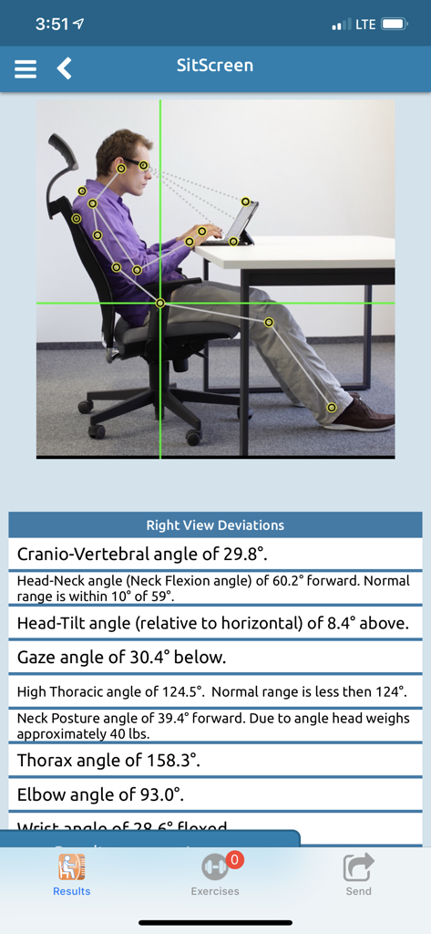 A seated ergonomic posture analysis showing joint markers and angular measurement data.