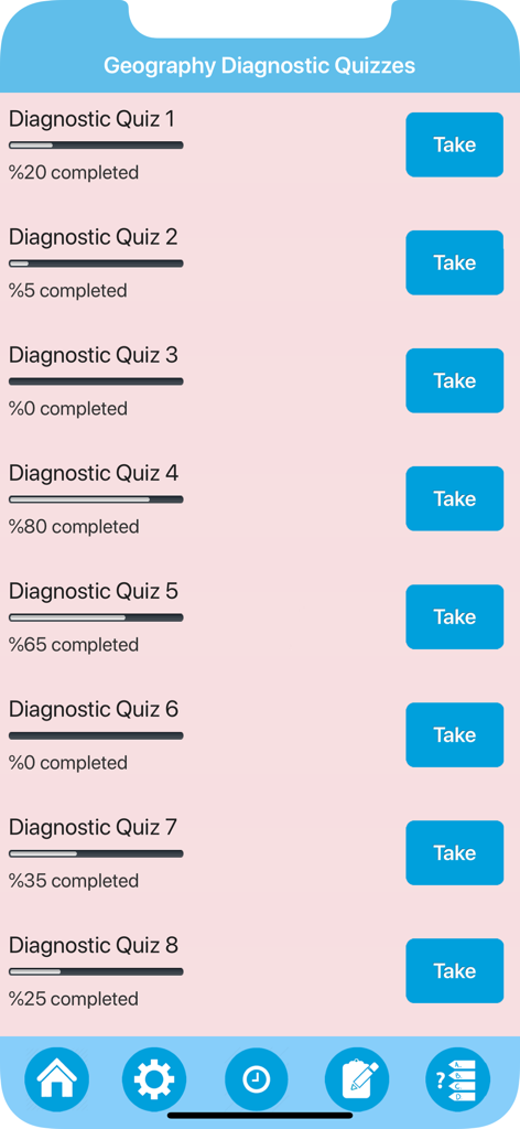 Science : Learn Geography - List of geography diagnostic quizzes showing progress bars and completion percentages for each test.