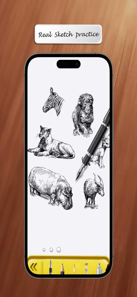 Smartphone screen showing animal sketches and drawing tools in the Sketch Pad app
