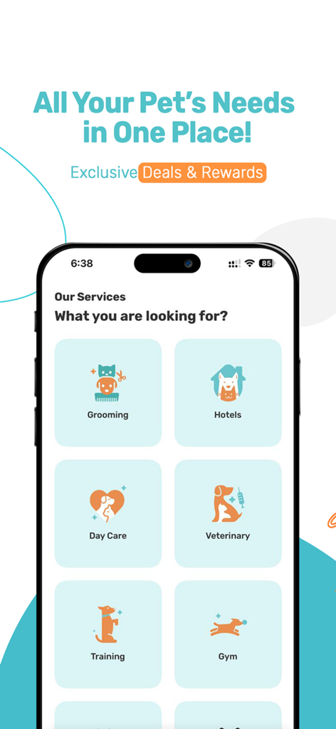 Fuzzo -فوزو - Main screen of the Fuzzo app displaying various pet services including grooming hotels veterinary and daycare