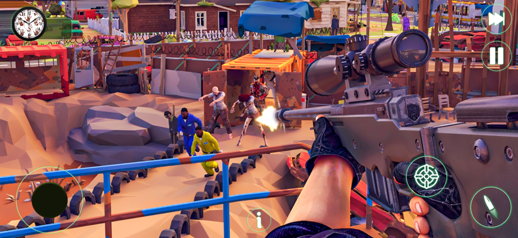 Sniper Zombie Hunting 3D Games - First-person perspective of a sniper rifle aiming at a wave of zombies in a 3D junkyard environment