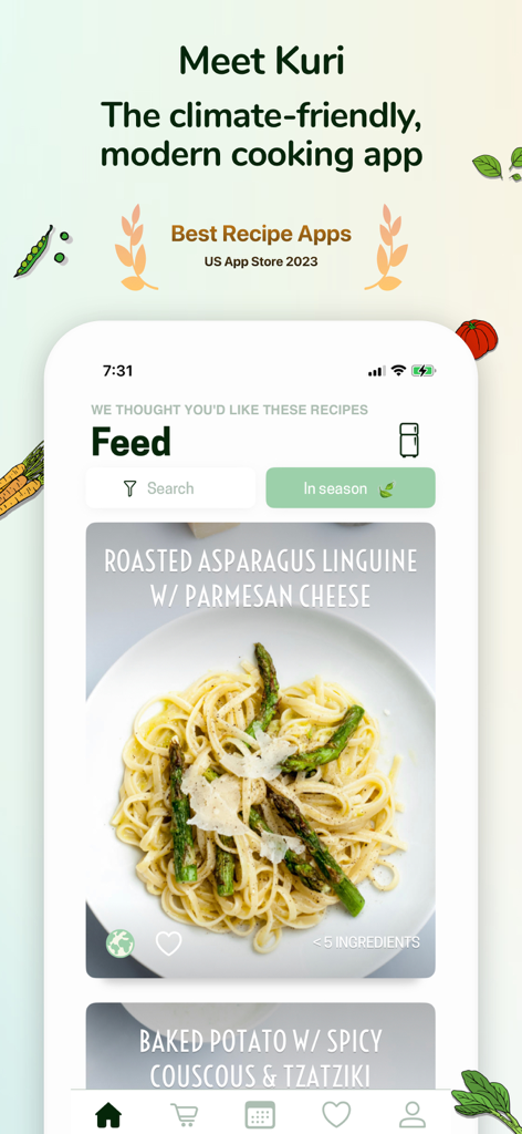 Recipe Keeper & Planner - Kuri - Écran d'accueil de l'application de recettes Kuri montrant une recette de pâtes saine avec un badge écologique
