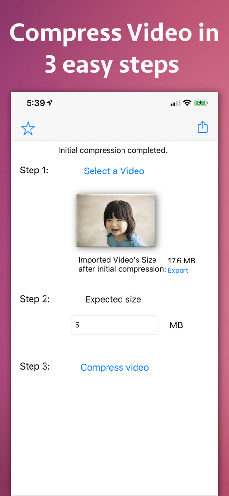 Video Size Compressor app screen showing the three easy steps to reduce video file size
